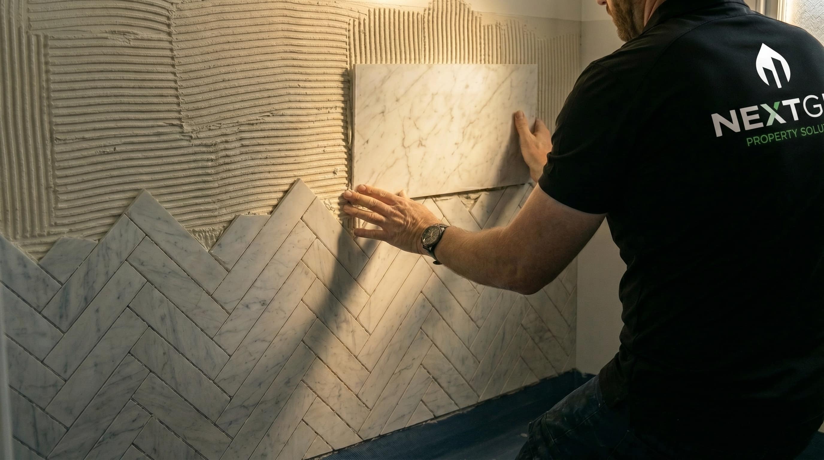 NextGen tradesperson laying marble herringbone tiles on a Sydney site